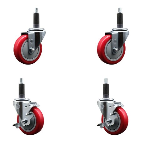 Service Caster 4'' Red Poly Wheel Swivel 1'' Expanding Stem Caster Set 2 Brakes, 4PK SCC-EX20S414-PPUB-RED-2-TLB-2-1